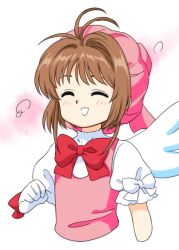Rule 34 | 1girl, :d, ^ ^, bow, bowtie, brown hair, cardcaptor sakura, closed eyes, gloves, hair intakes, hat, kinomoto sakura, magical girl, nonamejd, open mouth, pink hat, pink vest, puffy short sleeves, puffy sleeves, red bow, red bowtie, shirt, short hair, short sleeves, sleeve bow, smile, solo, vest, white bow, white gloves, white shirt, white wings, wings