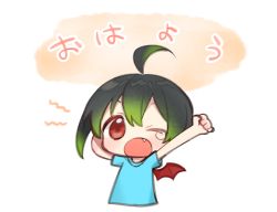 Rule 34 | 1boy, ;o, ahoge, bat wings, black hair, blue shirt, chibi, cropped torso, fang, gradient hair, green hair, hair between eyes, indie virtual youtuber, kagari tuepesyu, male focus, multicolored hair, one eye closed, open mouth, outstretched arm, red eyes, red wings, sakura chiyo (konachi000), shirt, short sleeves, simple background, solo, stretching, tears, translated, upper body, virtual youtuber, waking up, white background, wings, yawning