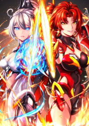 Rule 34 | + +, 2girls, :d, absurdres, ahoge, armor, armored leotard, blue eyes, breasts, cleavage, clothing cutout, dead angels, earrings, fire, flaming sword, flaming weapon, grin, hair ornament, highres, holding, holding sword, holding weapon, honkai (series), honkai impact 3rd, jewelry, kiana kaslana, kiana kaslana (herrscher of flamescion), long hair, looking at viewer, mole, mole on breast, multiple girls, murata himeko, murata himeko (vermillion knight), navel, navel cutout, open mouth, ponytail, red hair, smile, sword, teeth, weapon, white hair, yellow eyes