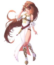 Rule 34 | 1girl, alternate costume, bare shoulders, belt, boots, breasts, brown eyes, brown hair, collarbone, dress, earrings, female focus, fire emblem, fire emblem: new mystery of the emblem, fire emblem heroes, full body, hair ornament, highres, jewelry, knee boots, linde (fire emblem), long dress, long hair, matching hair/eyes, nintendo, official art, open mouth, side slit, sleeveless, sleeveless dress, smile, solo, thighs, transparent background, very long hair, white dress, white footwear