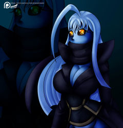 Rule 34 | black sclera, blue skin, breasts, cleavage, colored sclera, colored skin, lala (monster musume), large breasts, monster musume no iru nichijou, scarf, white hair, yellow eyes