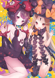 Rule 34 | 2girls, :d, abigail williams (fate), abigail williams (second ascension) (fate), black bow, black dress, black hat, black panties, blonde hair, bow, breasts, brown hair, claw pose, closed mouth, commentary request, dress, fate/grand order, fate (series), fingernails, hair ornament, hands up, hat, hat bow, katsushika hokusai (fate), katsushika hokusai (third ascension) (fate), long hair, looking at viewer, medium breasts, multiple girls, open mouth, orange bow, panties, parted bangs, polka dot, polka dot bow, red eyes, revealing clothes, smile, strapless, strapless dress, stuffed animal, stuffed toy, suzuho hotaru, teddy bear, topless, underwear, very long hair, witch hat