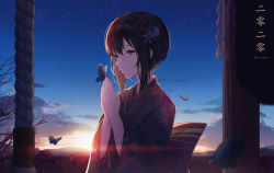 Rule 34 | 1girl, absurdres, artist name, back bow, backlighting, bare tree, black hair, black kimono, blue eyes, bow, bug, butterfly, chinese commentary, city lights, closed mouth, commentary request, floral print, flower, hair flower, hair ornament, hatsumoude, highres, huge filesize, insect, japanese clothes, kimono, lens flare, long sleeves, looking at viewer, new year, original, outdoors, print kimono, railing, red flower, scenery, shirokun0824, short hair, sidelocks, sky, smile, solo, star (sky), starry sky, sunlight, sunrise, translation request, tree, white flower, wide sleeves, yukata