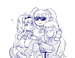 3girls :3 ahoge bad_id bad_pixiv_id blush comic closed_eyes girl_sandwich hand_on_another&#039;s_head headpat heart heart_ahoge hoshii_miki idolmaster idolmaster_(classic) crossed_legs long_hair monochrome multiple_girls sandwiched shijou_takane shisotex shisoworld silent_comic smile sunglasses takatsuki_yayoi