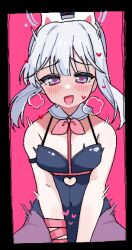 Rule 34 | 1girl, animal ears, black leotard, blue archive, blue halo, blush, commentary, detached collar, fake animal ears, grey hair, halo, heart, leotard, long hair, looking at viewer, miyako (blue archive), open mouth, purple eyes, rabbit ears, rabbit hole (vocaloid), sacha, smile, solo, strapless, strapless leotard, symbol-only commentary, vocaloid