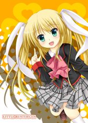 Rule 34 | 1girl, :d, blonde hair, bow, green eyes, iris yayoi, little busters!, long hair, open mouth, pink bow, school uniform, skirt, smile, tokido saya, twintails