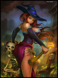 Rule 34 | 1girl, ass, ass grab, bare shoulders, blush, breasts, cleavage, cuddling, curvy, detached sleeves, dragon&#039;s crown, dress, fire, green eyes, hat, large breasts, long hair, long skirt, looking back, pavel lagutin, red eyes, red hair, side slit, skeleton, skirt, smile, solo, witch, sorceress (dragon&#039;s crown), staff, strapless, strapless dress, sword, vanillaware, weapon, witch, witch hat