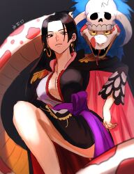 Rule 34 | 1girl, black eyes, black hair, boa hancock, commentary, dress, earrings, epaulettes, feichangkou, frilled sleeves, frills, hand on own hip, highres, hime cut, jewelry, leg up, looking at viewer, one piece, one piece: stampede, purple sash, salome (one piece), sash, simple background, skeleton, smile, snake, snake earrings