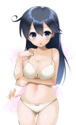 Rule 34 | 10s, 1girl, 2017, :o, black eyes, black hair, blush, bow, bow bra, bow panties, bra, breast hold, breasts, cleavage, cowboy shot, dated, gluteal fold, hair between eyes, kantai collection, kasu kazu, large breasts, long hair, looking at viewer, navel, open mouth, panties, shiny skin, skindentation, solo, thigh gap, underwear, underwear only, ushio (kancolle), white bra, white panties