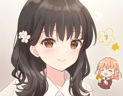 Rule 34 | 2girls, ^ ^, animification, black hair, blush, brown eyes, chibi, chibi inset, closed eyes, closed mouth, collared shirt, commentary, crossed bangs, flower, flower (symbol), green eyes, grey background, hair flower, hair ornament, heart, highres, hinoshita kaho, holding, holding party popper, link! like! love live!, long hair, looking at viewer, love live!, medium hair, multiple girls, nirei nozomi, open mouth, orange hair, party popper, rabbit hair ornament, real life, shirt, smile, solo focus, split mouth, two side up, upper body, voice actor, voice actor connection, white flower, white shirt, yutuki ame
