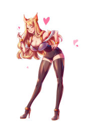 Rule 34 | 1girl, ;), absurdres, ahri (league of legends), animal ears, armlet, bent over, black choker, black footwear, black leotard, black thighhighs, blonde hair, bracelet, breasts, bustier, choker, cleavage, earrings, facial mark, fox ears, full body, hand on own hip, heart, heart choker, heart earrings, high heels, highres, idol, jewelry, k/da (league of legends), k/da ahri, large breasts, league of legends, leotard, lips, long hair, looking at viewer, makeup, nail polish, narrow waist, one eye closed, pink nails, shoes, smile, solo, ssosso, standing, strapless, strapless leotard, swept bangs, thighhighs, whisker markings, yellow eyes
