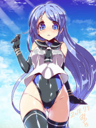 Rule 34 | 1girl, black gloves, black thighhighs, blue eyes, blue hair, breasts, closed mouth, cloud, cloudy sky, commentary request, cowboy shot, dated, day, elbow gloves, gloves, kantai collection, long hair, looking at viewer, medium breasts, miuku (marine sapphire), neckerchief, one-hour drawing challenge, open mouth, outdoors, samidare (kancolle), school uniform, sky, solo, swimsuit, swimsuit under clothes, thighhighs, very long hair