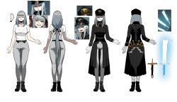 Rule 34 | 1girl, absurdres, arm at side, black coat, black footwear, black headwear, black jacket, black ribbon, breasts, closed mouth, coat, collared jacket, double-breasted, energy sword, closed eyes, gloves, gogalking, grey hair, grey pants, hair ribbon, hat, highres, hilt, jacket, large breasts, long hair, low-tied long hair, low ponytail, military hat, multiple views, ophelia (gogalking), original, pants, ponytail, ribbon, shirt, shoes, simple background, smile, standing, sword, very long hair, weapon, white background, white gloves, white shirt, wing collar