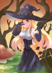 Rule 34 | 1girl, absurdres, bad id, bad pixiv id, bare shoulders, black dress, black gloves, blonde hair, blue eyes, bow, breasts, cleavage, commentary request, dress, elach, elbow gloves, elf, gloves, hair between eyes, halloween, hat, highres, large breasts, looking at viewer, orange bow, original, outdoors, pointy ears, solo, tree, wavy mouth, witch hat