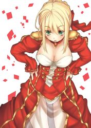 Rule 34 | 10s, 1girl, ahoge, blonde hair, breasts, cleavage, dress, epaulettes, fate/extra, fate (series), green eyes, hair ribbon, hands on own hips, haruyuki (yukichasoba), highres, leaning forward, nero claudius (fate), nero claudius (fate) (all), nero claudius (fate/extra), open mouth, red dress, ribbon, see-through, short hair, solo
