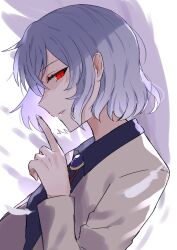 Rule 34 | 1girl, absurdres, commentary request, dress, ears, feathered wings, from side, grey hair, grey jacket, grey wings, highres, index finger raised, jacket, kishin sagume, lips, long sleeves, looking at viewer, nano popo02, nose, one-hour drawing challenge, open mouth, parted lips, pointing, profile, purple dress, red eyes, short hair, simple background, single wing, solo, touhou, white wings, wings