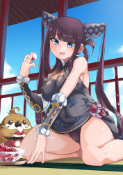 Rule 34 | 1girl, bare shoulders, bird, black dress, blue eyes, blue sky, blush, bowl, breasts, china dress, chinese clothes, cleavage, day, detached sleeves, dress, fate/grand order, fate (series), hair ornament, highres, kneeling, large breasts, long hair, looking at viewer, lychee, open mouth, purple hair, side slit, sidelocks, sky, smile, thighs, twintails, very long hair, yang guifei (fate), yuuichi (reductionblack)