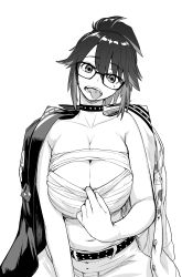 Rule 34 | absurdres, belt, breasts, chest sarashi, cleavage, coat, delinquent, glasses, highres, indie virtual youtuber, kson, large breasts, monochrome, multicolored coat, multicolored hair, nujima, piercing, sarashi, sukeban, tongue, tongue out, tongue piercing, two-tone coat, two-tone hair, virtual youtuber, vshojo, white background