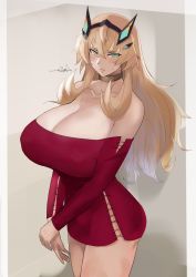 Rule 34 | 1girl, absurdres, bare shoulders, blonde hair, breasts, choker, cleavage, collarbone, cross-laced clothes, curvy, embarrassed, barghest (fate), fate/grand order, fate (series), green eyes, highres, horns, huge breasts, jewelry, kasumi saika, lips, long hair, long sleeves, looking at viewer, neck ring, off-shoulder shirt, off shoulder, red shirt, shirt, solo, thick thighs, thighs