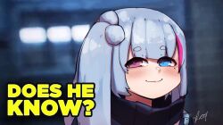 Rule 34 | 1girl, batman (series), blue eyes, blush, collar, commission, crr001, dc comics, does he know? (meme), english text, girls&#039; frontline neural cloud, grey hair, heterochromia, highres, kuro (neural cloud), long hair, looking at viewer, meme, multicolored hair, non-web source, pink eyes, pink hair, portrait, side ponytail, signature, smile, solo, streaked hair, the batman (2022)