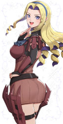 Rule 34 | 1girl, :d, ascot, ass, belt, black belt, black gloves, blonde hair, blue ascot, blue eyes, blue hairband, blush, breasts, bridal gauntlets, colored inner hair, commentary request, constance von nuvelle, cowboy shot, dress, drill hair, elbow gloves, fire emblem, fire emblem: three houses, forehead, gloves, gonzarez, hairband, hand up, highres, large breasts, long hair, looking at viewer, multicolored hair, nintendo, open mouth, pencil dress, purple hair, red dress, sidelocks, smile, solo, sparkle, standing, thigh strap, thighs, v-shaped eyebrows