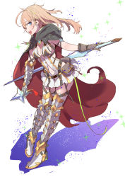 Rule 34 | 1girl, armor, blonde hair, blue eyes, blush, breasts, chemise, cleavage, cloak, clothing cutout, gauntlets, gloves, greaves, holding, holding sword, holding weapon, knight, lace trim, long hair, looking at viewer, medium breasts, navel cutout, original, pouch, shadow, skirt, smile, solo, sparkle, standing, strap, sword, tajima ryuushi, teeth, weapon, white background, white skirt