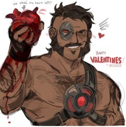 Rule 34 | bara, bare pectorals, dark-skinned male, dark skin, english text, eye mask, grin, hairy, half mask, happy valentine, heart, heart (organ), kano (mortal kombat), large pectorals, looking at viewer, male focus, mask, mature male, mortal kombat (series), mortal kombat x, muscular, muscular male, mustache, mutton chops, pectorals, short hair, smile, thick chest hair, thick eyebrows, thick mustache, upper body, ven (matchavtea)