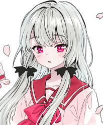 Rule 34 | 2girls, ama-tou, bags under eyes, black bow, blouse, bow, bowtie, cherry blossoms, clenched hand, close-up, collarbone, cosplay, eyelashes, falling petals, floating hair, grey hair, hair bow, hair ribbon, highres, long hair, long sleeves, looking at viewer, multiple girls, official art, out of frame, parted lips, petals, pink bow, pink bowtie, pink eyes, puffy long sleeves, puffy sleeves, red bow, red bowtie, red eyes, red sailor collar, ribbon, sailor collar, school uniform, serafuku, shirt, simple background, solo focus, sophie twilight, to heart, to heart (series), tonari no kyuuketsuki-san, tress ribbon, upper body, white background, wind