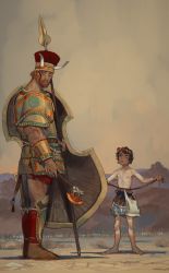 Rule 34 | 2boys, armor, axe, bag, barefoot, beard, black eyes, black hair, boots, bracer, closed mouth, david (the bible), facial hair, fake horns, goliath (the bible), green eyes, gun sling, hatchet (axe), headband, height difference, helmet, highres, holding, holding axe, holding polearm, holding shield, holding weapon, horned helmet, horns, mossacannibalis, multiple boys, nipples, outdoors, parted lips, pauldrons, plume, polearm, shield, shoulder armor, shoulder bag, sky, spear, standing, the bible, topless male, tower shield, weapon, yellow sky