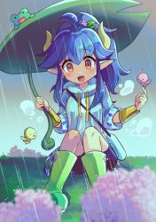 Rule 34 | 1girl, blue hair, blush, boots, brown eyes, frog, green footwear, highres, horns, jaan (puyopuyo), knee boots, long hair, looking at viewer, offbeat, open mouth, outdoors, pointy ears, ponytail, puyopuyo, rain, rubber boots, rubber boots, smile, solo