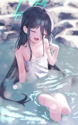 Rule 34 | 1girl, absurdly long hair, absurdres, aqua halo, aris (blue archive), black hair, blue archive, blush, breasts, closed eyes, collarbone, green halo, halo, highres, long hair, naked towel, onsen, open mouth, partially submerged, revision, small breasts, smile, solo, supersugar, towel, very long hair, water, white towel