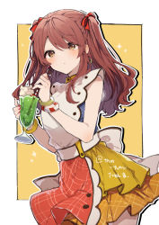 Rule 34 | apron, blue shirt, blush, bow, bracelet, brown eyes, brown hair, commentary request, drinking straw, earrings, food, hair bow, hair over eyes, hair ribbon, half updo, highres, ice cream, ice cream float, ikeuchi tanuma, jewelry, looking afar, melon soda, multicolored apron, multicolored clothes, multicolored skirt, nail polish, orange skirt, original, parted bangs, parted lips, plaid, plaid apron, plaid shirt, plaid skirt, red apron, red bow, red nails, red ribbon, ribbon, shirt, simple background, skirt, sparkle, twintails, white apron, yellow skirt