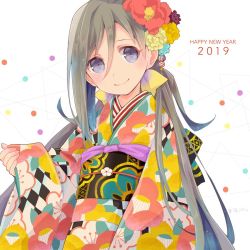 Rule 34 | 1girl, 2019, alternate costume, colis, commentary request, confetti, floral print, flower, grey eyes, grey hair, hair between eyes, hair flower, hair ornament, happy new year, japanese clothes, kantai collection, kimono, kiyoshimo (kancolle), long hair, looking at viewer, low twintails, multicolored clothes, multicolored kimono, new year, smile, solo, twintails, upper body, very long hair, white background