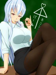 Rule 34 | 1girl, ai ai gasa, arm support, bad id, bad pixiv id, blue hair, breasts, chalkboard, desk, unworn eyewear, female focus, glasses, gradient hair, highres, holding, holding removed eyewear, kamishirasawa keine, lactone, large breasts, long sleeves, multicolored hair, no headwear, on desk, pantyhose, red eyes, sitting, on desk, skirt, sleeves rolled up, smile, solo, touhou, translated, unmoving pattern