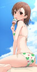 Rule 34 | 1girl, 2024, 20s, animal print, ass, asymmetrical bangs, bare back, bare shoulders, beach, between legs, bikini, blue sky, breasts, brown eyes, brown hair, cloud, commentary, food, frog print, from side, gekota, green bikini, hair behind ear, hand between legs, highres, holding, holding food, holding ice cream cone, huge ass, ice cream cone, k3rd, looking at viewer, matching hair/eyes, medium hair, misaka mikoto, outdoors, print bikini, shoulder blades, side-tie bikini bottom, sitting, sky, small breasts, solo, swimsuit, symbol-only commentary, thick thighs, thighs, toaru kagaku no railgun, toaru majutsu no index, wariza