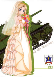 Rule 34 | 10s, 1girl, absurdres, back bow, blue eyes, bouquet, bow, breasts, bridal veil, character name, diadem, dress, flower, from behind, full body, girls und panzer, head tilt, highres, holding, holding bouquet, kay (girls und panzer), layered dress, light brown hair, long dress, long hair, looking at viewer, looking back, m4 sherman, medium breasts, military, military vehicle, motor vehicle, pink ribbon, ribbon, sideboob, sleeveless, sleeveless dress, solo, standing, strapless, strapless dress, tank, veil, wedding dress, white background, yellow bow, yellow dress