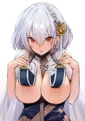 Rule 34 | 1girl, areola slip, azur lane, blush, braid, breast curtain lift, breast curtains, breasts, cleavage, hair between eyes, large breasts, lifting own clothes, looking at viewer, mappaninatta, red eyes, short hair, simple background, single braid, sirius (azur lane), sirius (azure horizons) (azur lane), solo, white background, white hair