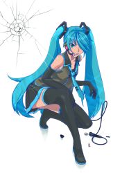 Rule 34 | 1girl, aqua eyes, aqua hair, bad id, bad pixiv id, battery, elbow gloves, female focus, full body, gloves, hage, hatsune miku, headset, highres, legs, long hair, necktie, skirt, smile, solo, thighhighs, twintails, very long hair, vocaloid, white background