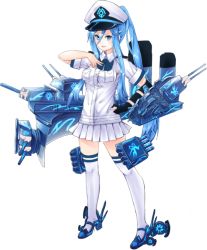 Rule 34 | 10s, 1girl, aoki hagane no arpeggio, blue eyes, blue footwear, blue hair, full body, hat, kantai collection, long hair, machinery, military, military uniform, mole, mole under mouth, naval uniform, ngs, peaked cap, ponytail, rigging, shoes, solo, standing, takao (aoki hagane no arpeggio), thighhighs, transparent background, uniform, very long hair, white thighhighs