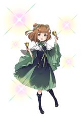 Rule 34 | 1girl, :d, beatrice (princess principal), black footwear, blue socks, bow, brown eyes, brown hair, capelet, double bun, full body, green bow, green neckwear, green skirt, hair bun, hair ornament, hand up, handbell, highres, kneehighs, looking at viewer, official art, open mouth, princess principal, princess principal game of mission, sailor collar, shoes, short hair, skirt, smile, socks, solo, sparkle, standing, transparent background, white capelet, wide sleeves