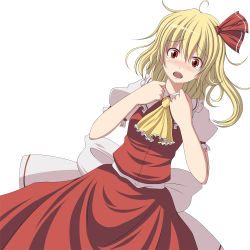 Rule 34 | 1girl, ahoge, bad id, bad pixiv id, blonde hair, blush, dress, embodiment of scarlet devil, fang, female focus, flandre scarlet, hair ribbon, hands on own chest, necktie, open mouth, red dress, red eyes, ribbon, side ponytail, simple background, solo, tears, touhou, tsukishiro saika, white background