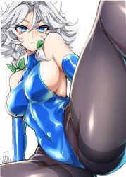 Rule 34 | 1girl, alternate costume, ass, blue eyes, blue leotard, bow, braid, breasts, colored eyelashes, covered erect nipples, covered navel, elbow gloves, frown, gloves, hair bow, highres, impossible clothes, impossible leotard, izayoi sakuya, large breasts, latex, legs, leotard, looking at viewer, maid headdress, medium breasts, navel, pantyhose, ribbon, shiny clothes, shiny skin, short hair, sideboob, silver hair, simple background, sketch, skin tight, solo, spread legs, tajima yuuki, thick thighs, thighs, touhou, twin braids, white background