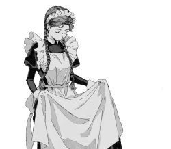 Rule 34 | 1girl, apron, braid, collared dress, cowboy shot, dress, eyelashes, facing down, frilled apron, frills, greyscale, hair over shoulder, highres, juliet sleeves, kgeroua, long hair, long sleeves, maid, maid apron, maid headdress, monochrome, original, puffy sleeves, simple background, skirt hold, solo, standing, twin braids, twintails