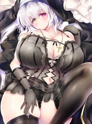 Rule 34 | 1girl, alicia renato (yashiro sousaku), blush, breasts, cleavage, unworn clothes, cross, cross necklace, garter straps, gloves, green eyes, heterochromia, highres, huge breasts, jewelry, lace, lace trim, lingerie, looking up, lying, necklace, nun, original, red eyes, ribbon, smile, solo, thighhighs, underwear, white hair, yashiro sousaku