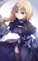 Rule 34 | 1girl, armor, armored dress, belt, black thighhighs, blonde hair, blue eyes, blurry, braid, breastplate, breasts, capelet, chain, closed mouth, cowboy shot, depth of field, fate/apocrypha, fate/grand order, fate (series), faulds, gauntlets, headpiece, highres, holding, holding weapon, jeanne d&#039;arc (fate), jeanne d&#039;arc (ruler) (fate), large breasts, long hair, looking at viewer, single braid, solo, sword, tare nu (usesase), thighhighs, weapon