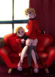 Rule 34 | 2girls, :p, absurdres, ass, backlighting, black footwear, black legwear, black panties, blonde hair, blue eyes, blush, boots, braid, closed mouth, commentary, couch, cross-laced footwear, darjeeling (girls und panzer), epaulettes, female focus, from behind, full body, girls und panzer, high heel boots, high heels, highres, holding hands, indoors, itsumip, jacket, knee up, light frown, long sleeves, looking at viewer, looking back, military, military uniform, multiple girls, no pants, no socks, on couch, orange hair, orange pekoe (girls und panzer), panties, parted bangs, pink panties, red jacket, red theme, short hair, sitting, smile, st. gloriana&#039;s military uniform, standing, sweatdrop, thighhighs, thong, tongue, tongue out, twin braids, twitter username, underwear, uniform, white footwear, window