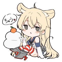 Rule 34 | 1girl, 2020, ahoge, anchor hair ornament, animal ears, black neckerchief, blonde hair, blue sailor collar, blue skirt, chibi, commentary request, crop top, elbow gloves, food, fruit, full body, gloves, grey eyes, hair ornament, kagami mochi, kantai collection, long hair, looking at viewer, mandarin orange, microskirt, miniskirt, mouse ears, mouse tail, neckerchief, pleated skirt, rudder footwear, sailor collar, shimakaze (kancolle), simple background, sitting, skirt, solo, striped clothes, striped thighhighs, suzuka sutera, tail, thighhighs, white background, white gloves
