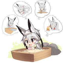 Rule 34 | 1girl, :&lt;, :d, animal ear fluff, animal ears, barefoot, blush, bucket, campfire, chibi, commentary request, fire, fox ears, fox girl, fox tail, grey hair, hair between eyes, highres, holding, japanese clothes, kimono, long hair, long sleeves, mallet, multiple views, nude, obi, open mouth, original, parted lips, partially submerged, petals, petals on liquid, pouring, red eyes, sash, sitting, smile, standing, tail, towel, towel on head, triangle mouth, very long hair, water, white background, white kimono, wide sleeves, yuuji (yukimimi), | |