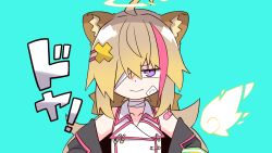 Rule 34 | 1girl, ahoge, animal ear fluff, animal ears, bandage over one eye, bandaged neck, bandages, bandaid, bandaid on arm, bare shoulders, black jacket, blue background, brown hair, closed mouth, collarbone, commentary request, datenshi-chan (nanawo akari), dress, hair over one eye, halo, highres, indie virtual youtuber, jacket, long hair, looking at viewer, mizunashi (second run), multicolored hair, off shoulder, open clothes, open jacket, pink hair, purple eyes, shirakumo mame, simple background, sleeveless, sleeveless dress, smile, solo, streaked hair, upper body, virtual youtuber, white dress