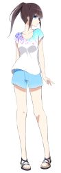 Rule 34 | 1girl, a.a (aa772), alternate costume, blue shorts, brown hair, full body, hakama-chan (aa), highres, original, ponytail, sandals, shirt, short shorts, shorts, simple background, solo, t-shirt, white background